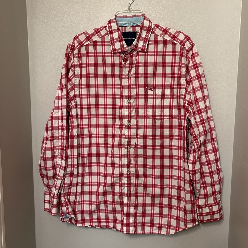 Tommy Bahama Button Up‎ Shirt Mens Medium Pink Check  Preppy Casual Long Sleeve